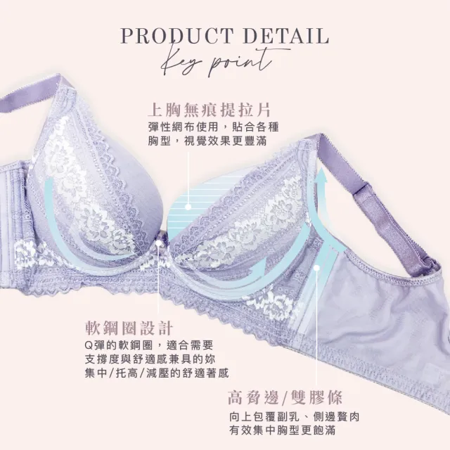 【Clany 可蘭霓】台灣製 蕾絲軟鋼圈機能集中包覆透氣BCD罩杯調整型性感內衣(甜戀紫 6987-91)