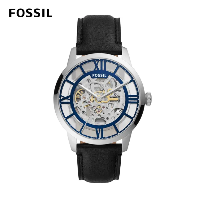 【FOSSIL 官方旗艦館】Townsman 鏤空羅馬數字機械錶 黑色真皮錶帶 手錶 44MM ME3200