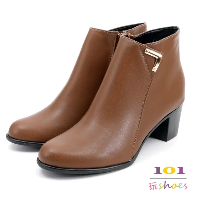 【101 玩Shoes】mit.氣質金飾粗跟短靴(棕色/黑色/可可 36-40碼)