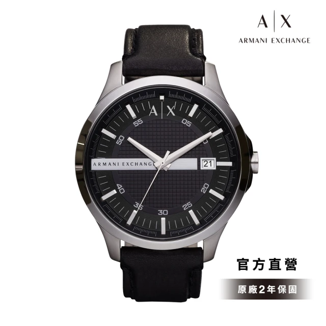 【A|X Armani Exchange 官方直營】Hampton 灰線壓字時尚手錶 黑色真皮錶帶 46MM AX2101