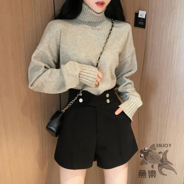 【魚樂】雙扣高腰顯瘦加厚毛呢短褲-6101-3件(M-XXL可選)