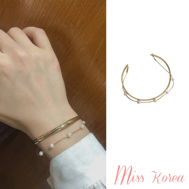 【MISS KOREA】韓國設計多層次珍珠細鍊造型開口手鐲(多層次手鐲 珍珠手鐲)