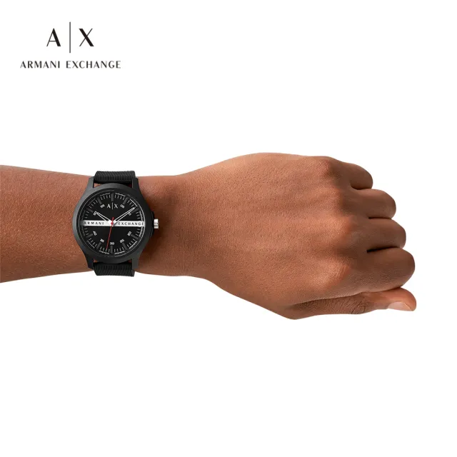 【A|X Armani Exchange 官方直營】Hampton 經典壓字計時手錶 黑色矽膠錶帶 46MM AX2420