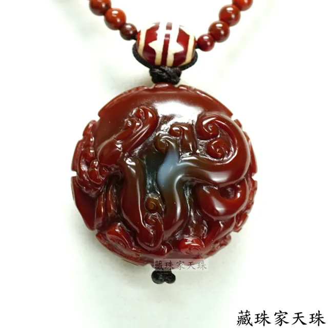 【藏珠家】精品40mm紅玉髓刻龍+青龍咒 天珠項鍊