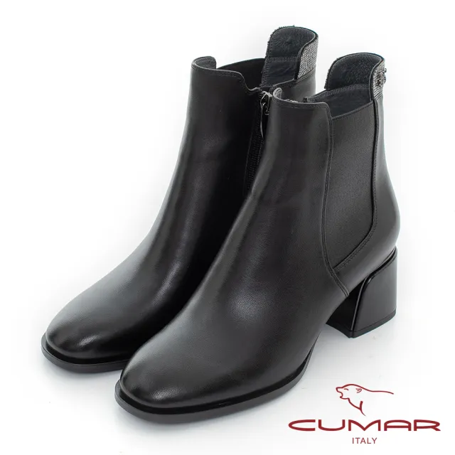 【CUMAR】簡約低調排鑽切爾喜粗跟短靴(黑)