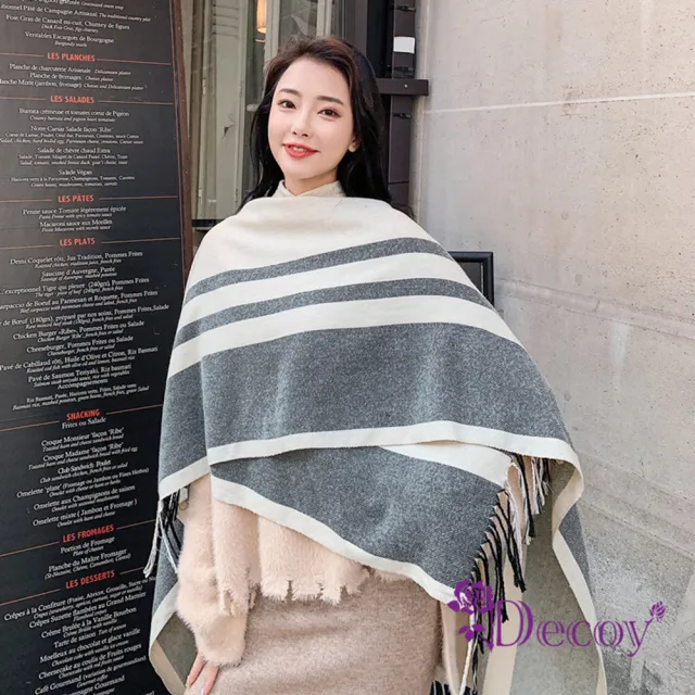 【Decoy】條紋流蘇＊歐美連帽加大保暖斗篷式披肩(2色可選)