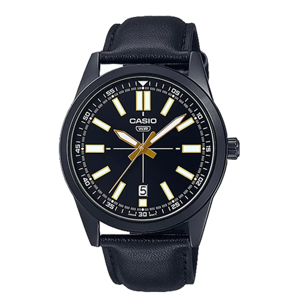 【CASIO 卡西歐】指針男錶 皮革錶帶 生活防水 日期顯示 MTP-VD02BL(MTP-VD02BL-1E)