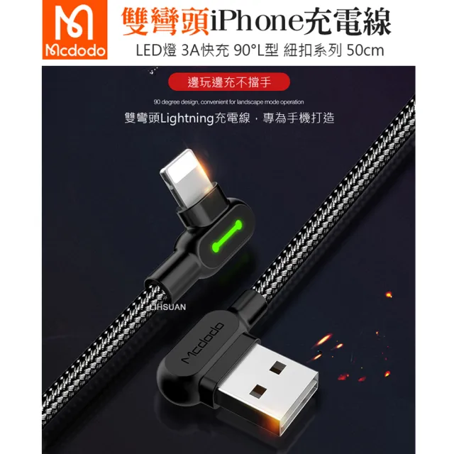 【Mcdodo 麥多多】雙彎頭 LED USB-A to Lightning 50cm 3A快充/充電傳輸線 紐扣系列(iPhone充電線)
