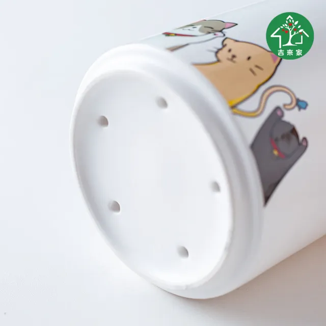【吉來家】療癒系小貓陶瓷萬用可瀝水花器/置物罐/餐具筒(粉紅/粉藍/黃/白/綠-顏色隨機)