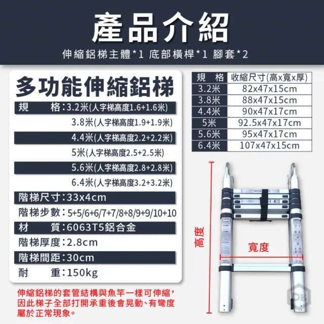 【DE生活】伸縮式鋁梯 人字梯 伸縮梯子 直梯 折疊梯 工作梯 A字梯 一字梯 鋁梯 摺疊梯 梯子(4.4米)