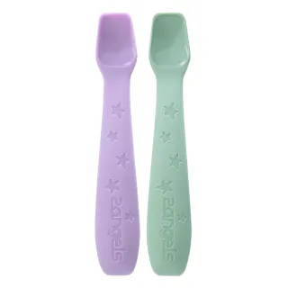 【2angels】矽膠餵食湯匙2入x2組 - 夏葉綠&紫色 附收納盒(矽膠學習湯匙 寶寶副食品餐具)