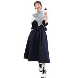 【A3】法式寬鬆拼接設計連身裙(舒適材質.柔軟)