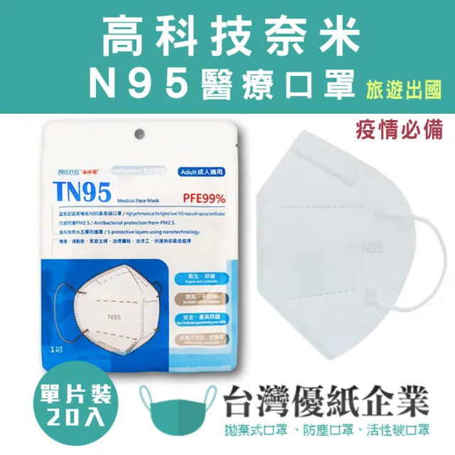 【台灣優紙】高科技奈米N95 醫療口罩 5層防護(單片裝20入 防疫 防菌 日常保護 出國)