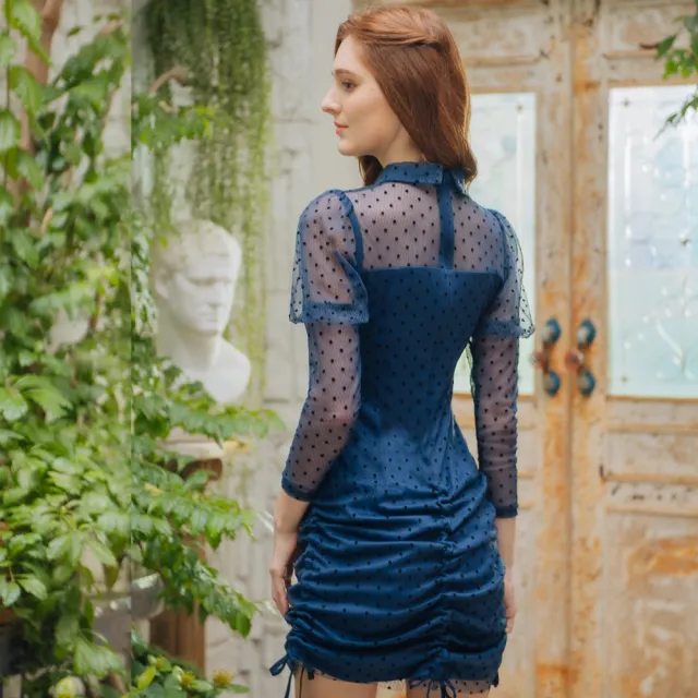 【OMUSES】蕾絲點點貼身藍色旗袍短洋裝17-6928(S-2L)