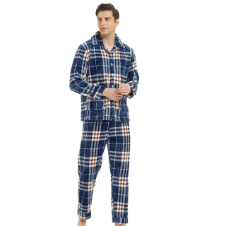 【蕾妮塔塔】聖誕藍 極暖超柔軟水貂絨男性長袖兩件式睡衣(R08237-10藍格紋)