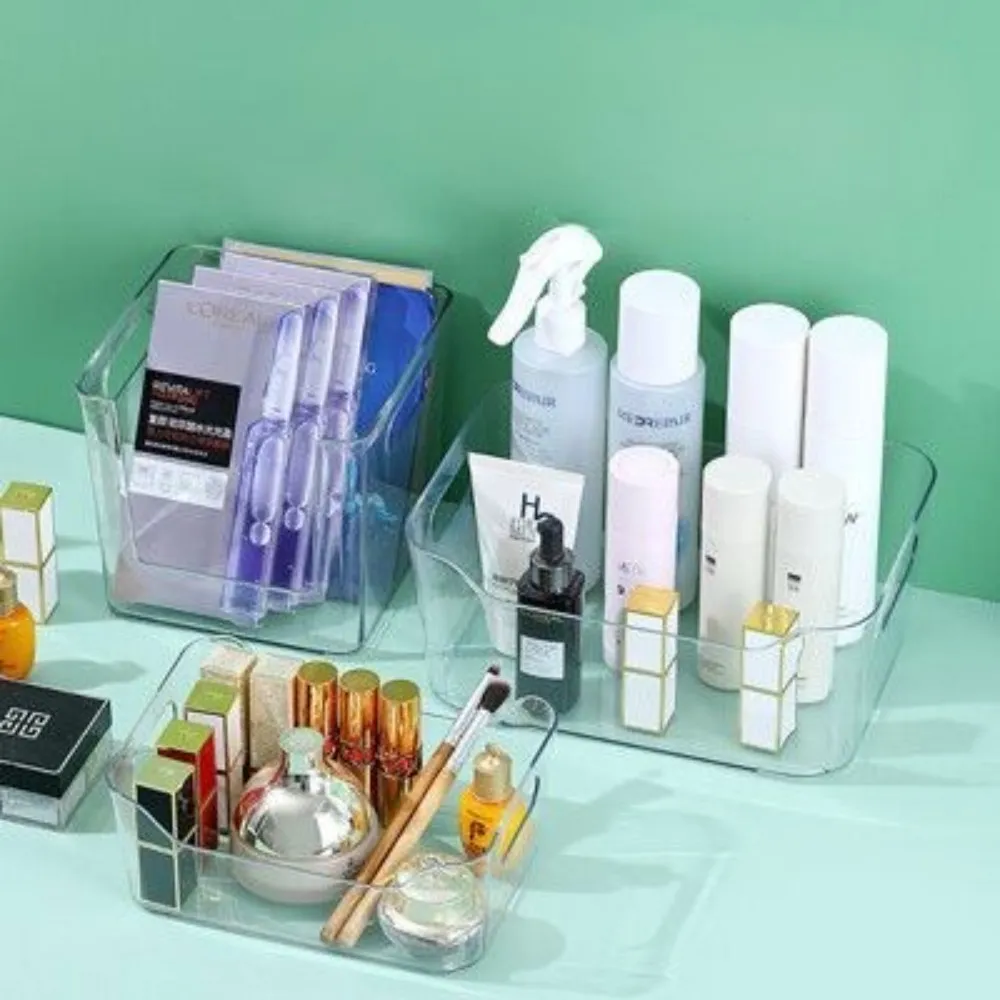【Dagebeno荷生活】側邊提把PET材質化妝品雜物透明桌面收納盒(方形1入)