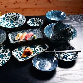 【YU Living 信歐傢居】日式藍色系印花長方盤二件組 餐盤(二件一組/2款/櫻花/梅花)