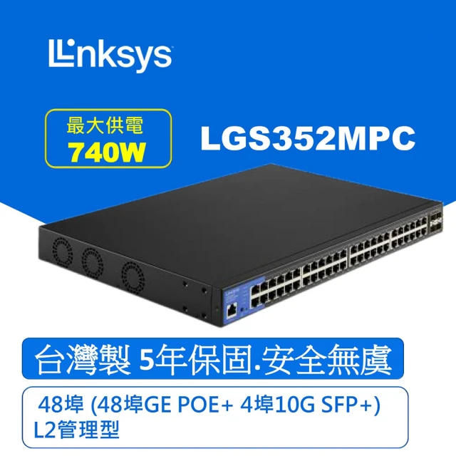 Linksys LGS352MPC 48埠 L2管理型 Gigabit 超高速乙太網路交換器(鐵殼)