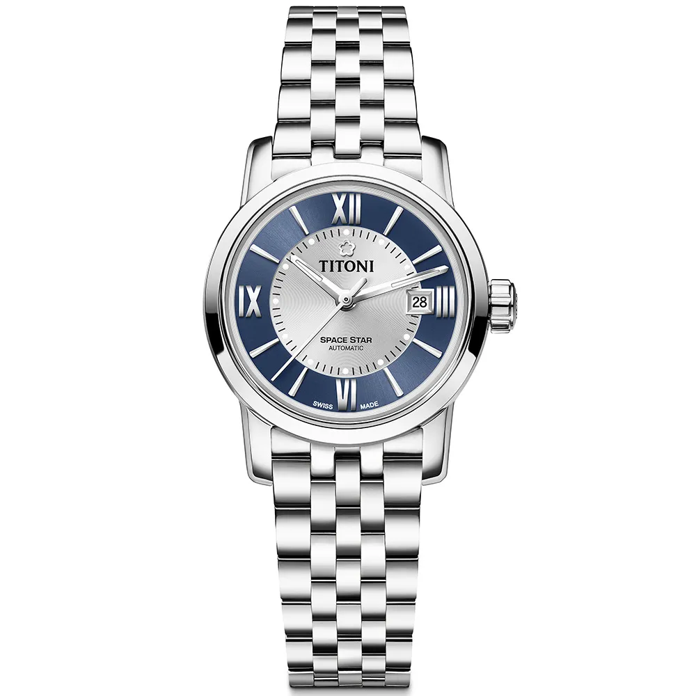 【TITONI 梅花錶】天星系列自動機械女錶-藍銀面鍊帶/28mm(23538 S-580)