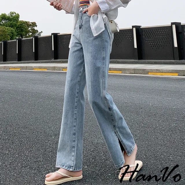 【HanVo】現貨 褲腳開衩高腰直筒牛仔褲(百搭休閒牛仔褲 寬褲闊腿褲復古A字褲 女生長褲 A04-2540)