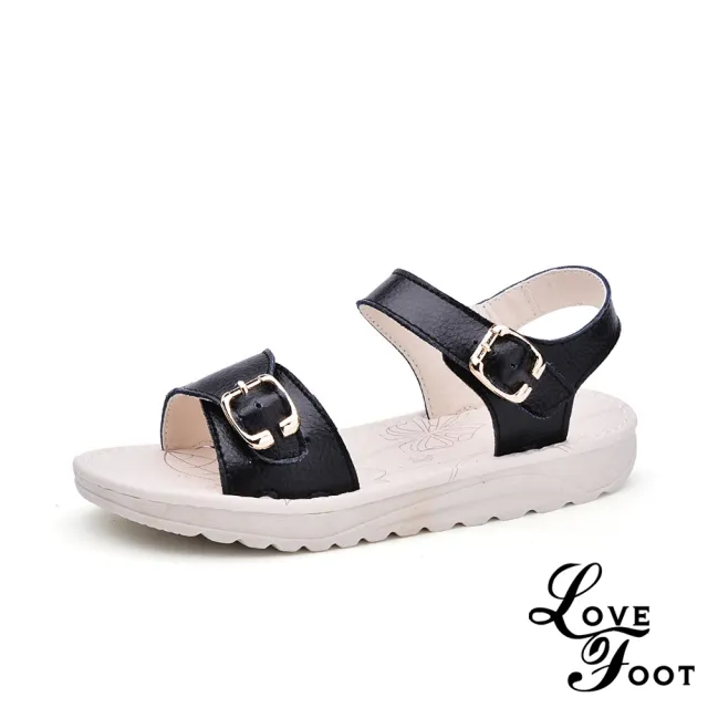 【LOVE FOOT 樂芙】簡約經典釦飾純色真皮彈力平底涼鞋(黑)