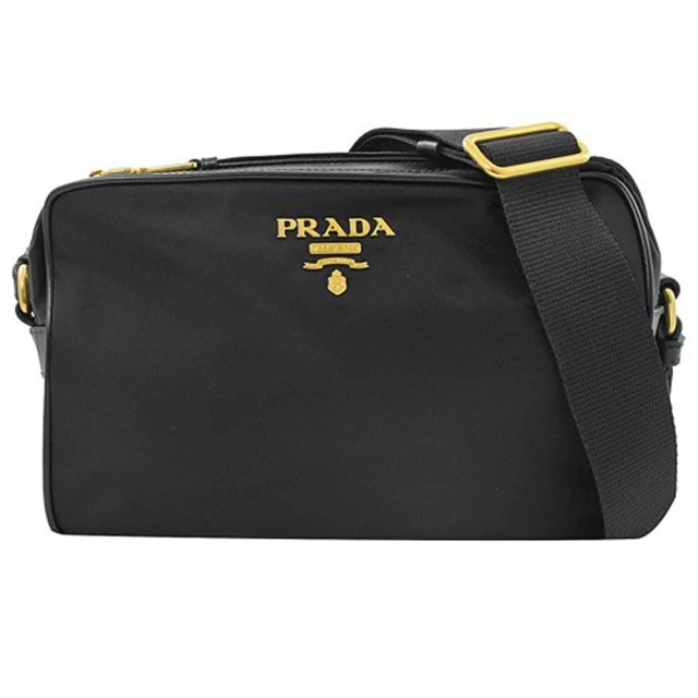 【PRADA 普拉達】簡約浮雕LOGO尼龍帆布皮飾邊方包斜背包(黑)