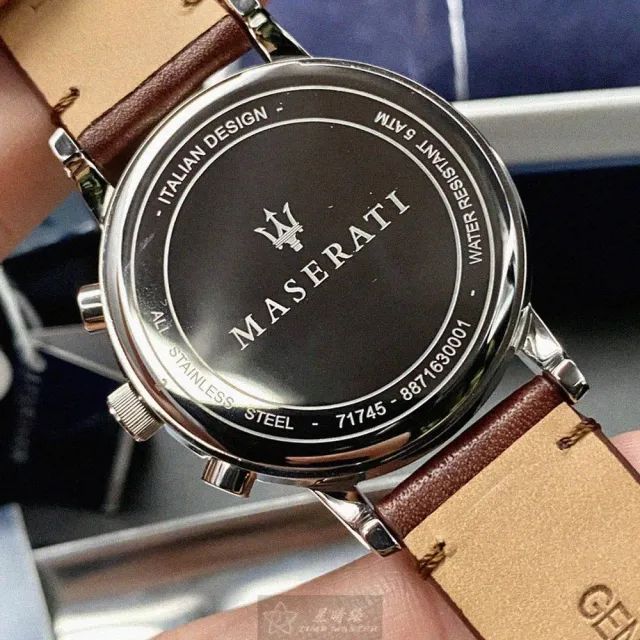 【MASERATI 瑪莎拉蒂】瑪莎拉蒂男女通用錶型號R8871630001(亮銅色錶面銀錶殼咖啡色真皮皮革錶帶款)