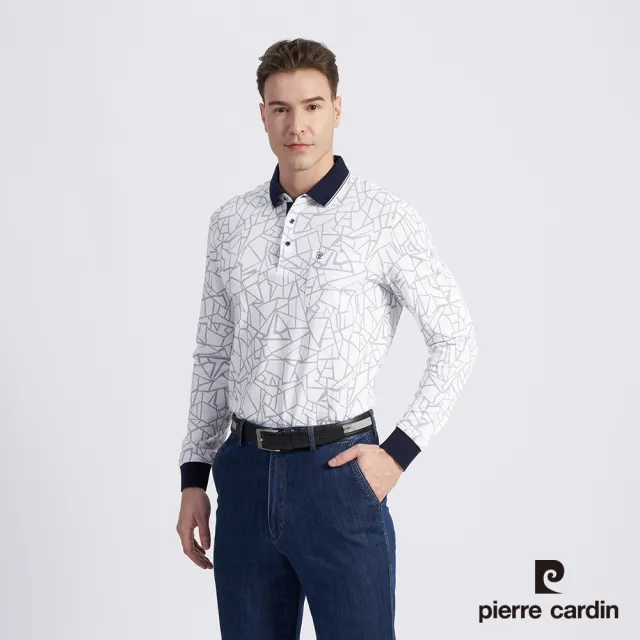 【pierre cardin 皮爾卡登】商務休閒 男款 棉質混紡網眼布印花薄長袖POLO衫-白色(5215255-90)