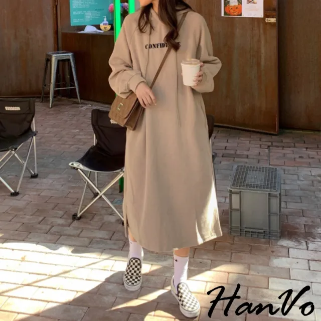 【HanVo】現貨 英文印花懶人內刷毛長版帽T(舒適休閒長袖連帽長版T 韓系百搭顯瘦寬鬆洋裝 A06-3568)
