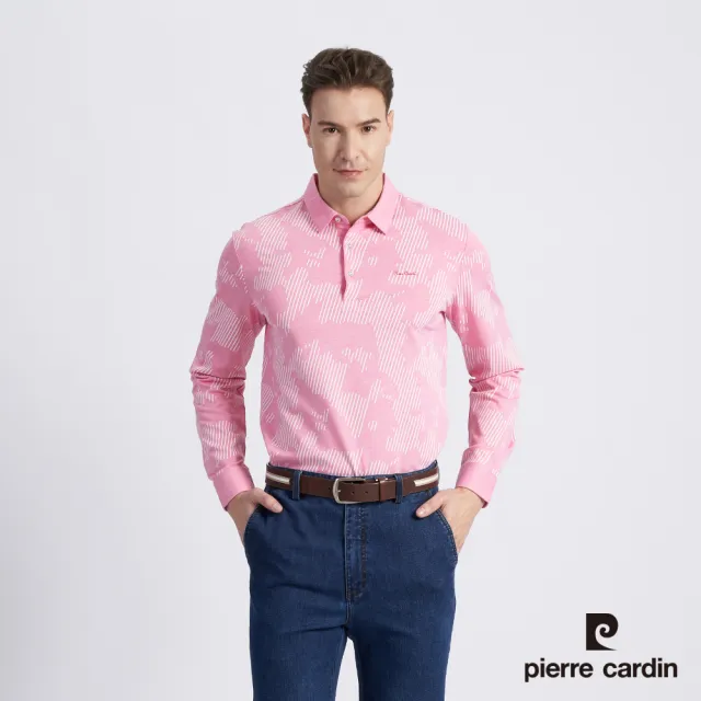 【pierre cardin 皮爾卡登】商務休閒 男款 棉質混紡印花薄長袖POLO衫-粉色(5215266-65)