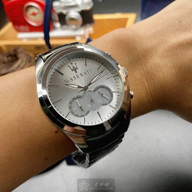 【MASERATI 瑪莎拉蒂】瑪莎拉蒂男錶型號R8871612012(銀白色錶面銀錶殼深黑色精鋼錶帶款)