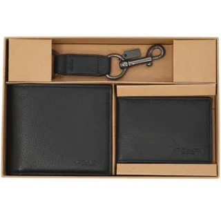 【COACH】黑色皮革8卡短夾+ID票卡夾+鑰匙圈禮盒組