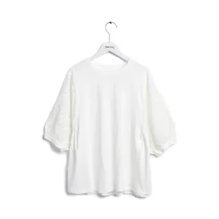 【SOMETHING】女裝 袖剪接蕾絲短袖T恤(米白色)