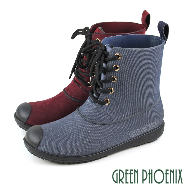 【GREEN PHOENIX 波兒德】女款時尚仿布質感綁帶短筒雨靴/雨鞋(藍色、磚紅)