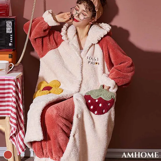 【Amhome】時尚拼接連帽珊瑚絨睡袍加厚長褲2件式套裝#111382現貨+預購(粉紅)
