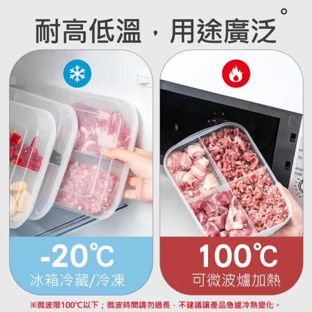 【時光良品】冰箱四分格PP收納保鮮盒-L號2入(微波/冷藏/冷凍 透明分隔分類 蔥薑蒜肉醬料食物材 方形好堆疊)