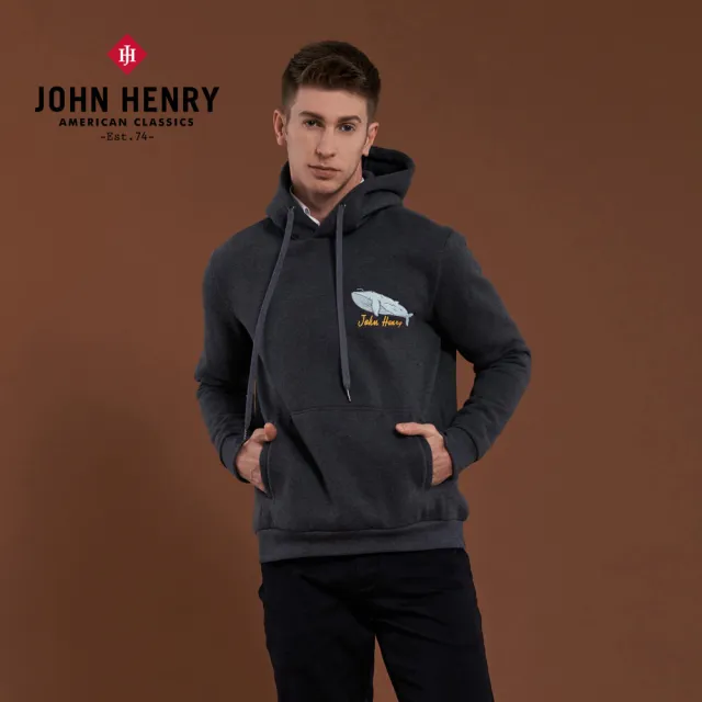 【JOHN HENRY】鯨魚刺繡加厚內刷毛連帽T-灰色