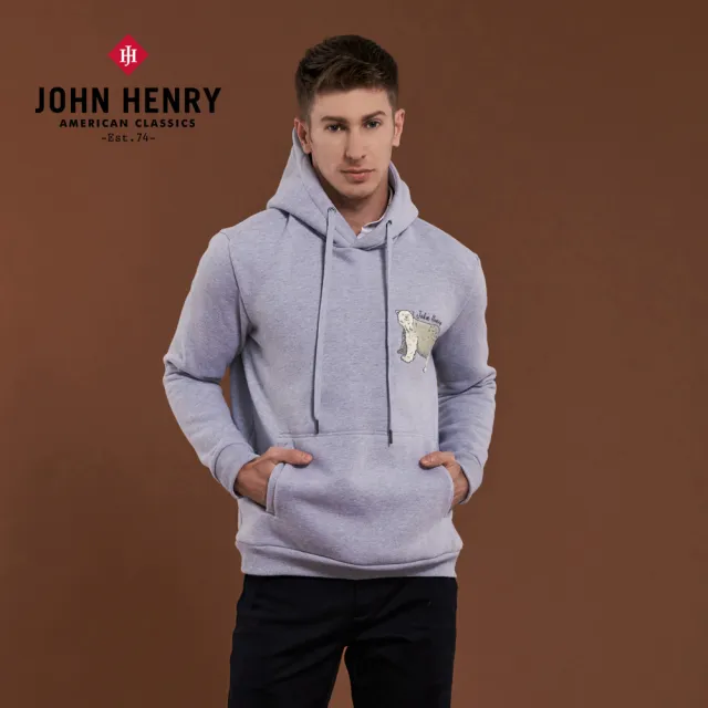 【JOHN HENRY】北極熊刺繡加厚內刷毛連帽T-灰色