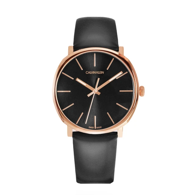 【Calvin Klein 凱文克萊】ck 玫瑰金殼 簡約黑面 黑色皮革錶帶  情人節(K8Q316C3)