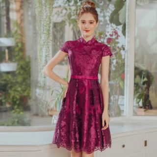 【OMUSES】蕾絲刺繡紫色旗袍短禮服18-1940(S-3L)