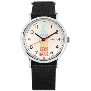 【TIMEX】可口可樂聯名 彩色字樣 INDIGLO專利冷光照明 尼龍手錶 米白x黑 38mm(TXTW2V29800)