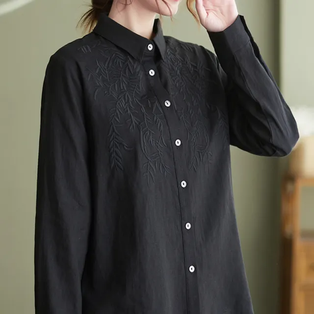 【ACheter】文藝刺繡長袖翻領純色百搭休閒襯衫#111653現貨+預購(2色)