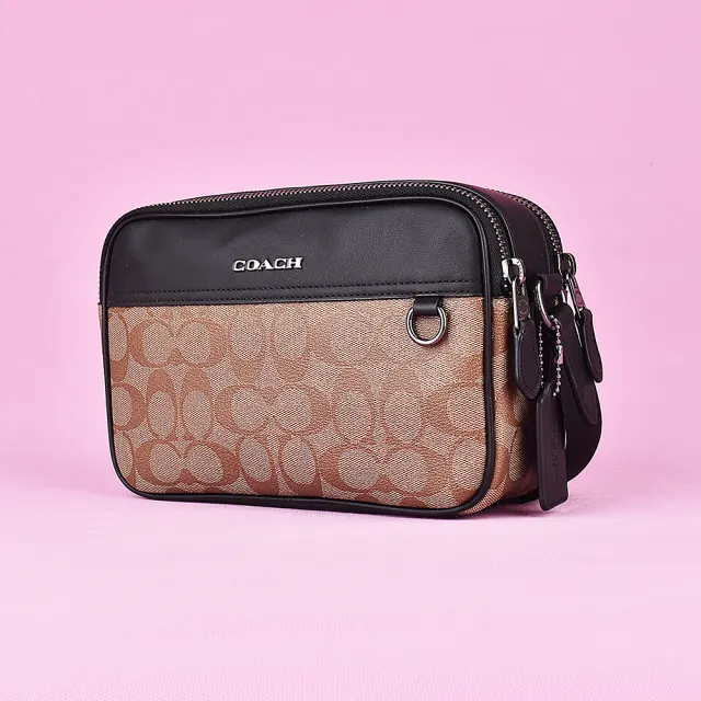 【COACH】COACH☆ GRAHAM CRoSSBoDY鐵灰字LOGO印花PVC拼接牛皮雙層拉鍊斜背包(卡其x黑)