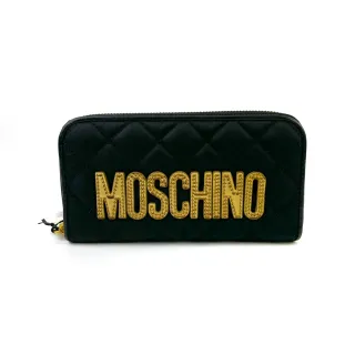 【MOSCHINO】莫斯奇諾 經典 LOGO 絎縫紋拉鍊長夾 黑底金字(2B810282012555)