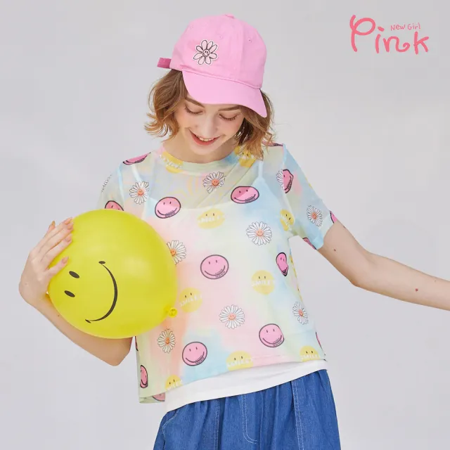 【PINK NEW GIRL】俏皮小花笑臉透膚網紗短袖上衣 L1204AQ