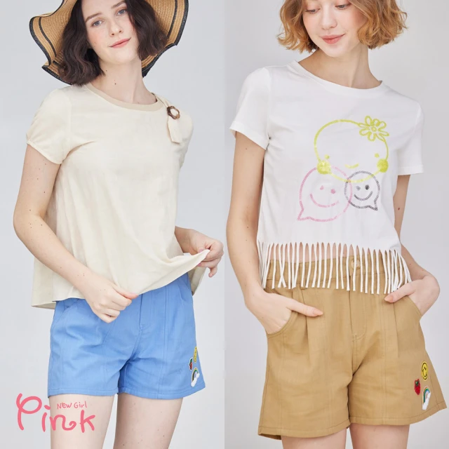 【PINK NEW GIRL】休閒棉質後鬆緊可愛貼布短褲 L1506AQ(2色)