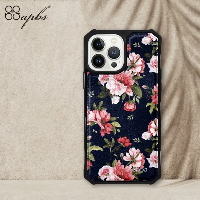 【apbs】iPhone 13 Pro Max / 13 Pro / 13 軍規防摔皮革磁吸手機殼(經典牛紋-粉玫瑰-上光版-黑殼)