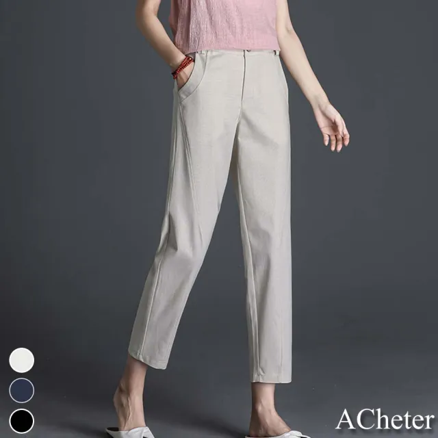 【ACheter】春夏新品顯瘦時尚文藝寬鬆休閒直筒九分棉麻褲#111859現貨+預購(3色)
