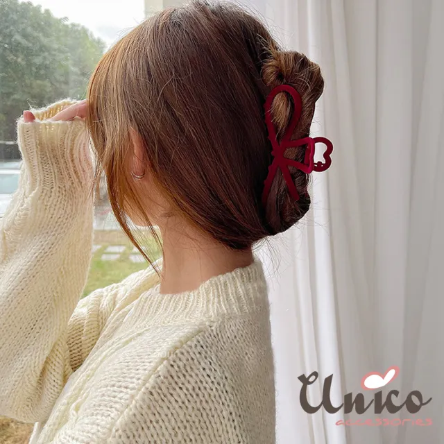 【UNICO】韓國紅色植絨髮夾大號髮抓/新年最搭(聖誕/髮飾)
