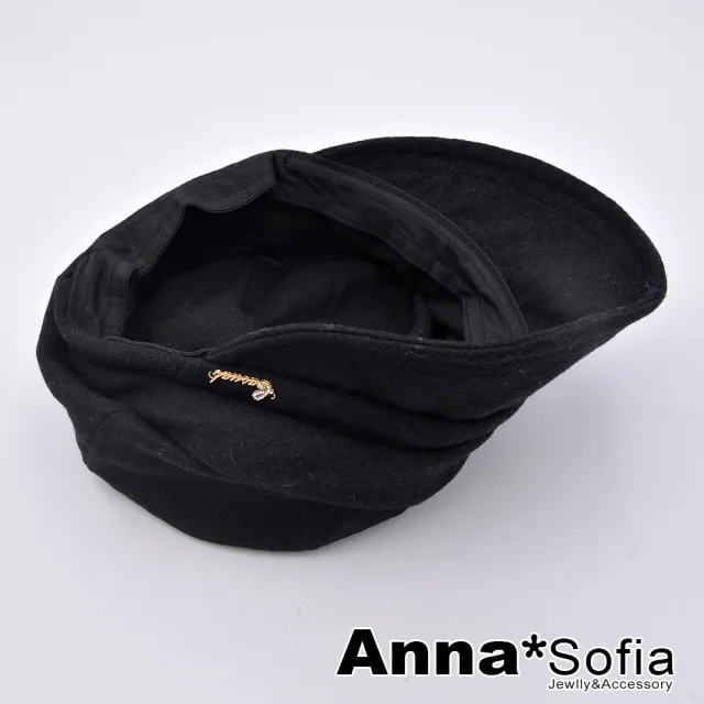 【AnnaSofia】雙11 保暖小臉帽貝蕾帽-英文鑽飾毛呢質 現貨(黑系)